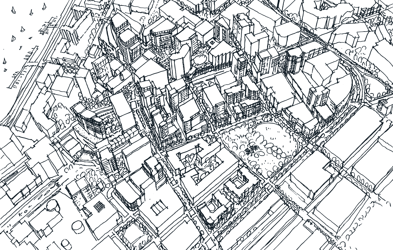 Architectural sketch of a mixed-use urban district